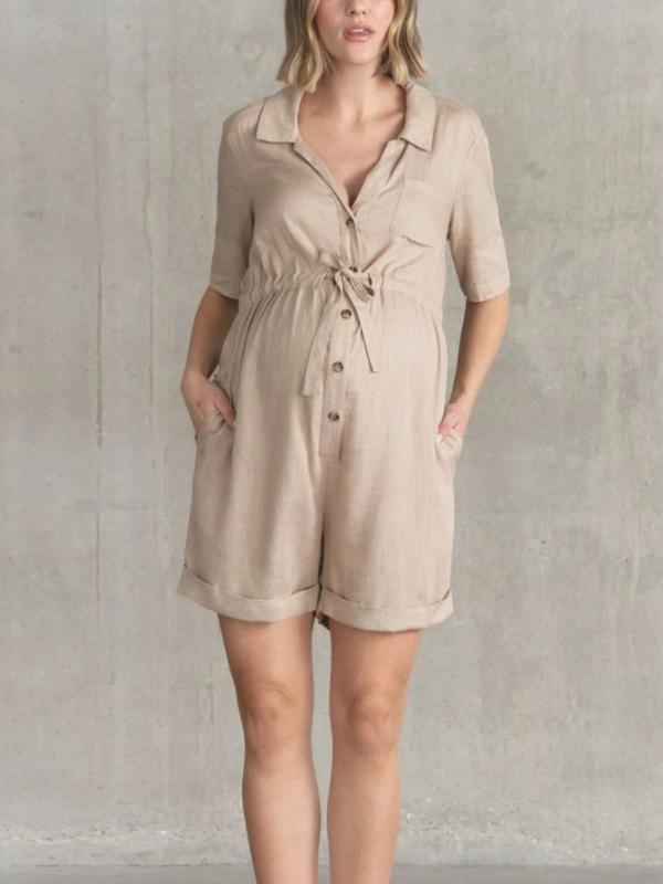 Kerri Utility Linen Maternity Romper Petite in Sand