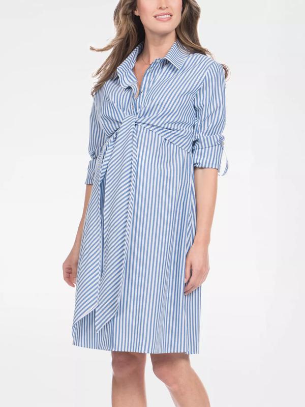 Ariadne Midi Wrap Nursing Shirt Dress in Blue Stripe