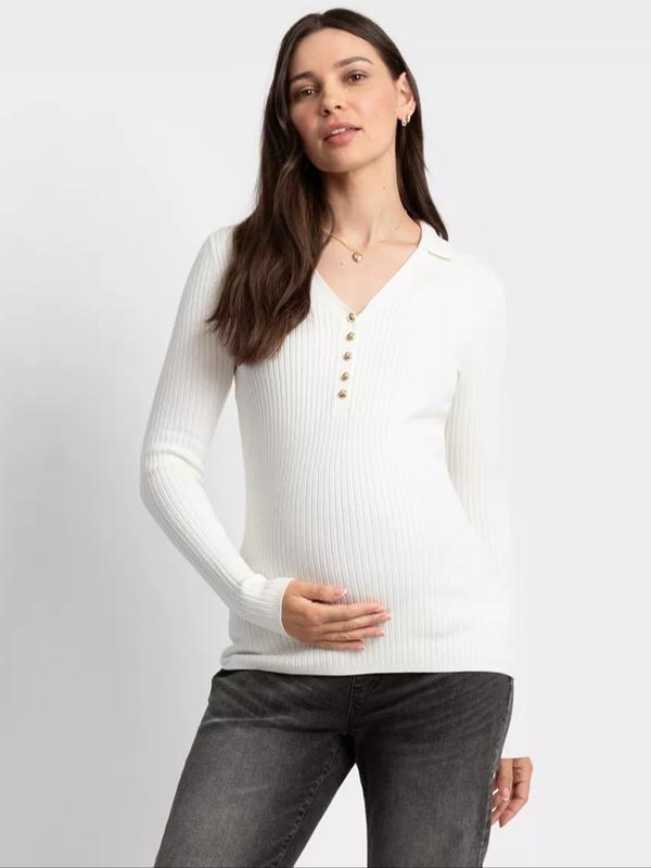 Crystal Rib Knit Polo Collar Maternity & Nursing Top in Ecru