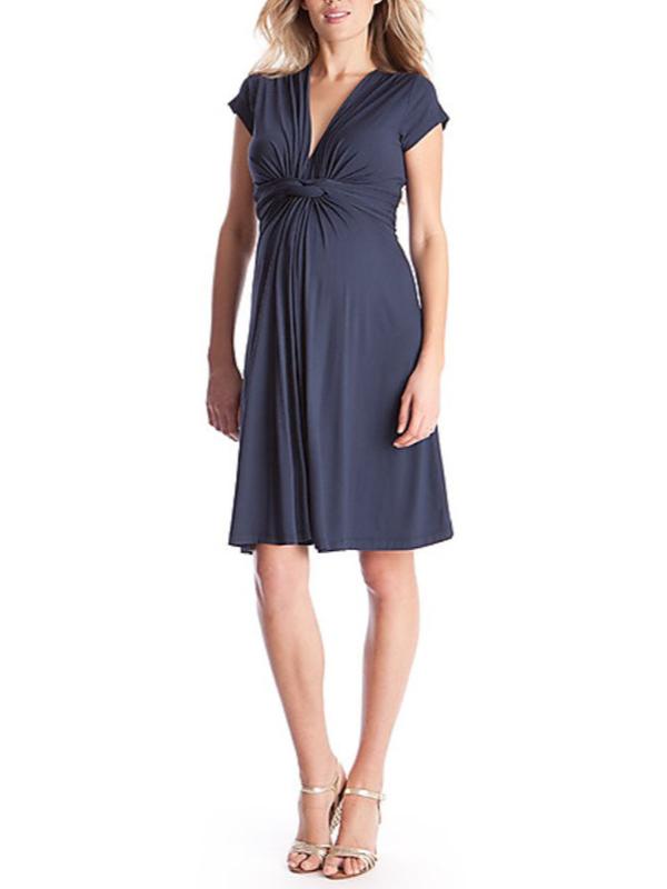 Jolene Short Sleeve Maternity Front Knot Dress in Navy
