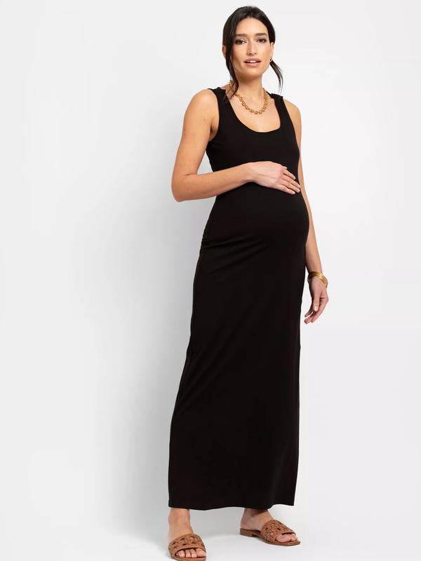 Elantra Scoop Neck Maternity & Nursing Bodycon Maxi Dress in Black