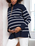 Evelina Half Zip Maternity Sweater in Navy Stripe