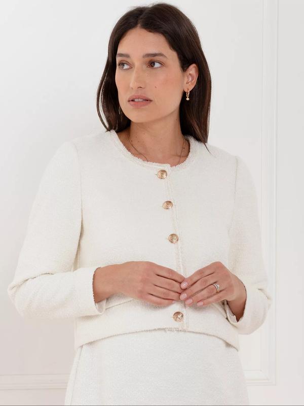 Shante Cropped Tweed Maternity Jacket in Ecru