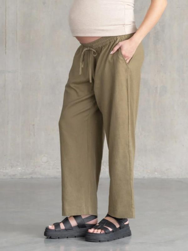 Elan Wide Leg Linen Maternity Pants Tall in Khaki