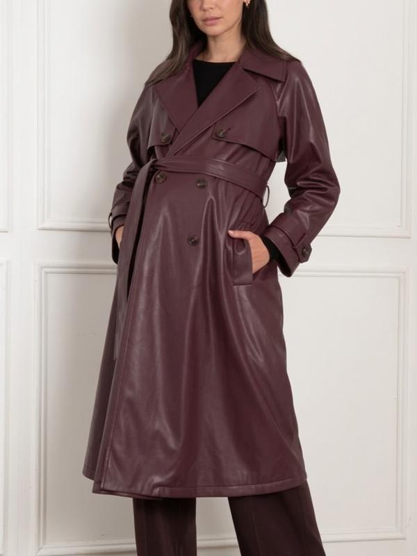 Shakira Maternity Faux-Leather Trenchcoat in Burgundy