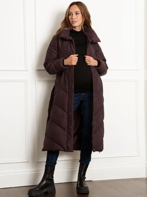 Adelina Quilted Maternity and Babywearing Midi Puffer Coat in Chocolate