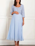 Liara Tweed Maternity Pleated Dress in Light Blue