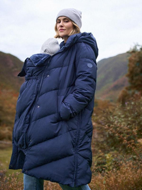 Adena Quilted Maternity and Babywearing Midi Puffer Coat in Navy