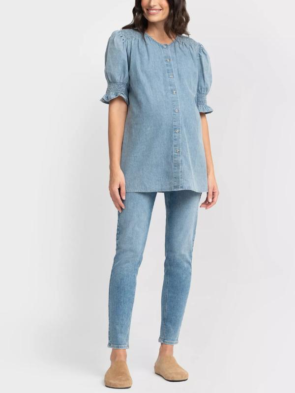 Tia Maternity Puff-Sleeve Blouse in Chambray