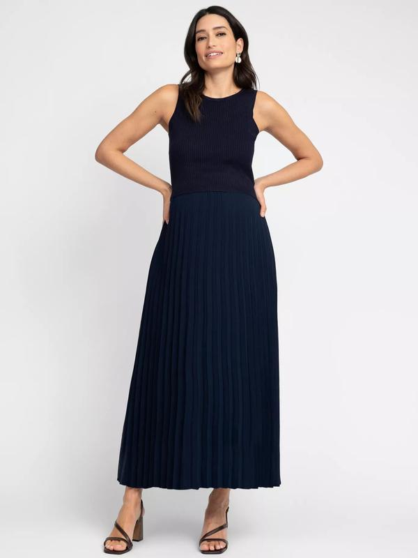 Elsa 2-in-1 Maternity & Nursing Rib Knit Top Pleated Midi Dress in Navy