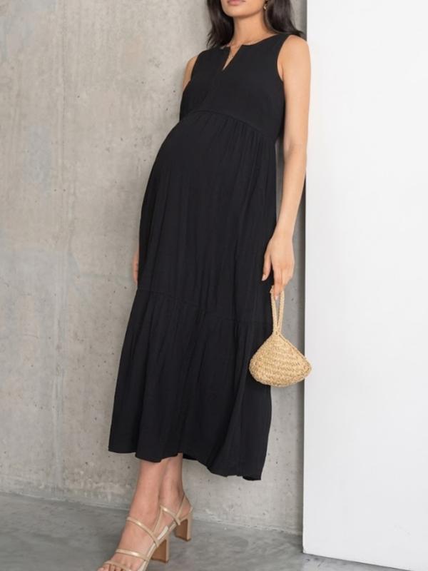 Madeline Maternity Zip Front Tiered Dress in Black
