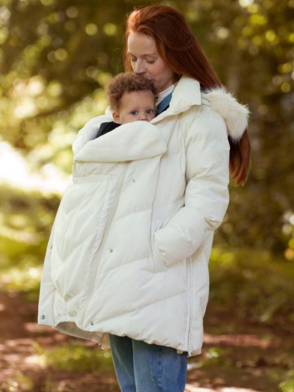 Adora Maternity and Babywearing Faux Fur Hooded Puffer Coat in White