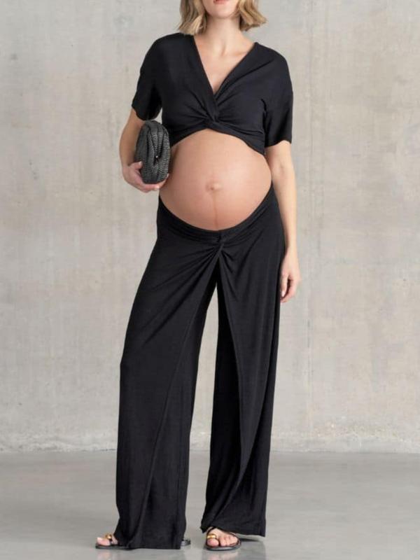 Cathy Under Bump Maternity Twist Wide Leg Pants in Black