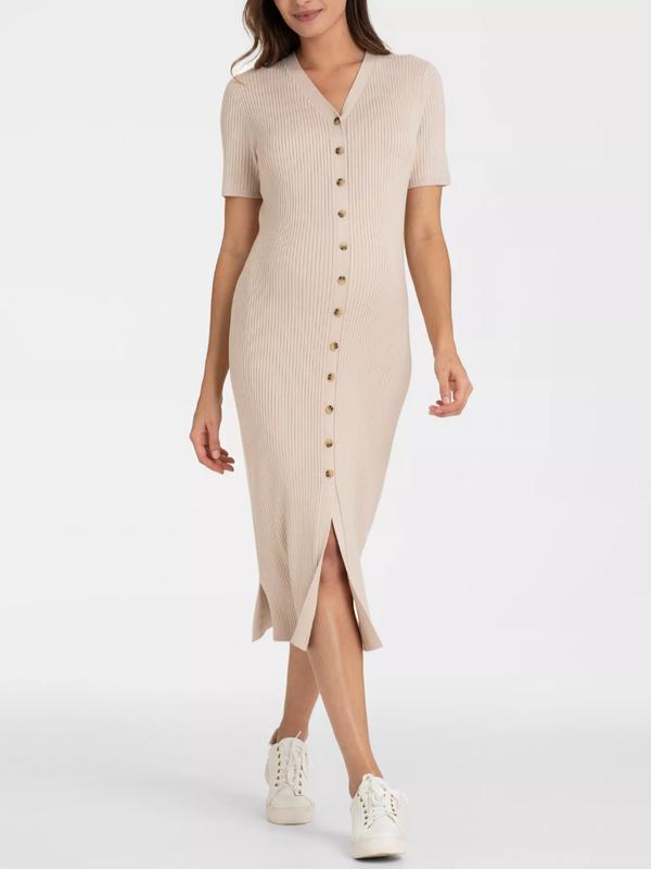 Hana Maternity Knit Button-Down Dress in Stone
