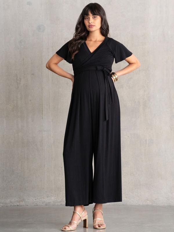 Celine V-Neck Wide Leg Maternity and Nursing Jumpsuit in Black