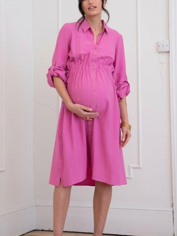 Elina Maternity Shirt Dress in Pink