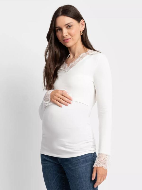 Dottie Lace Trim Maternity and Nursing Top in Ecru