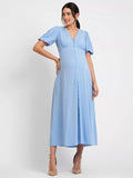 Alania V-Neck Puff Sleeve Button Front Maternity and Nursing Dress in Blue