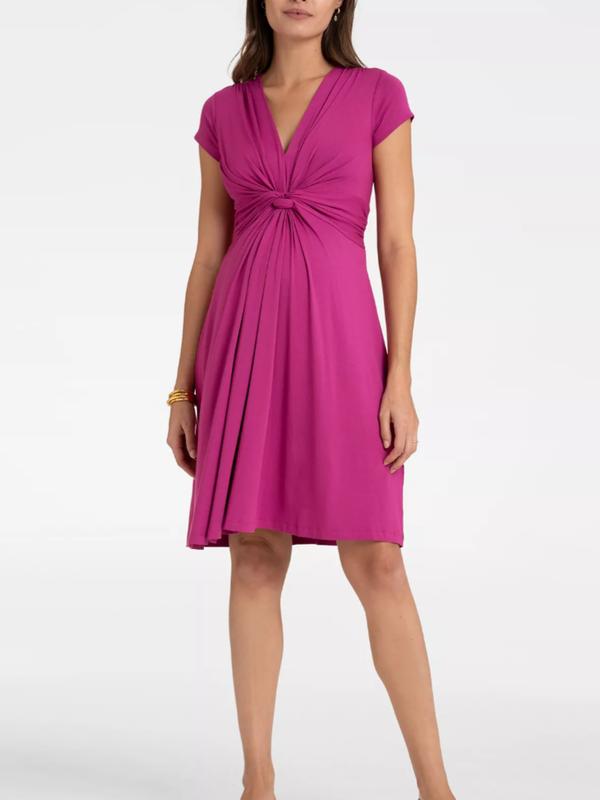Jolene Short Sleeve Maternity Front Knot Dress in Fuchsia