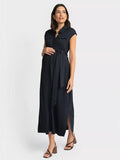 Hayden Ponte Cap Sleeve Belted Maternity Shirt Dress in Navy
