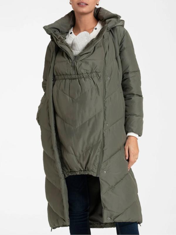 Adena Quilted Maternity and Babywearing Long Puffer Coat in Khaki