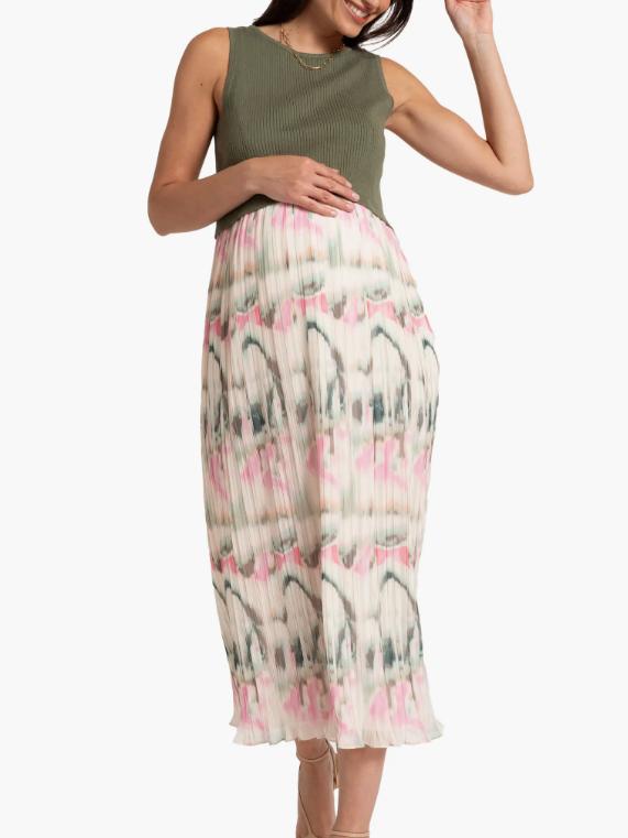 Kimber Pleated Maternity & Nursing Midi Dress in Khaki