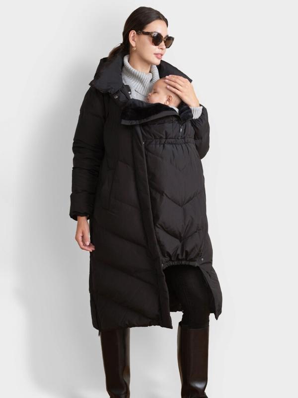 Adena Quilted Maternity and Babywearing Long Puffer Coat in Black