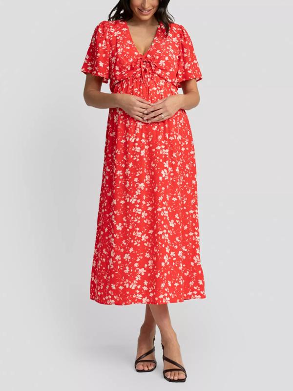 Lacey Maternity Midi Dress in Red Print
