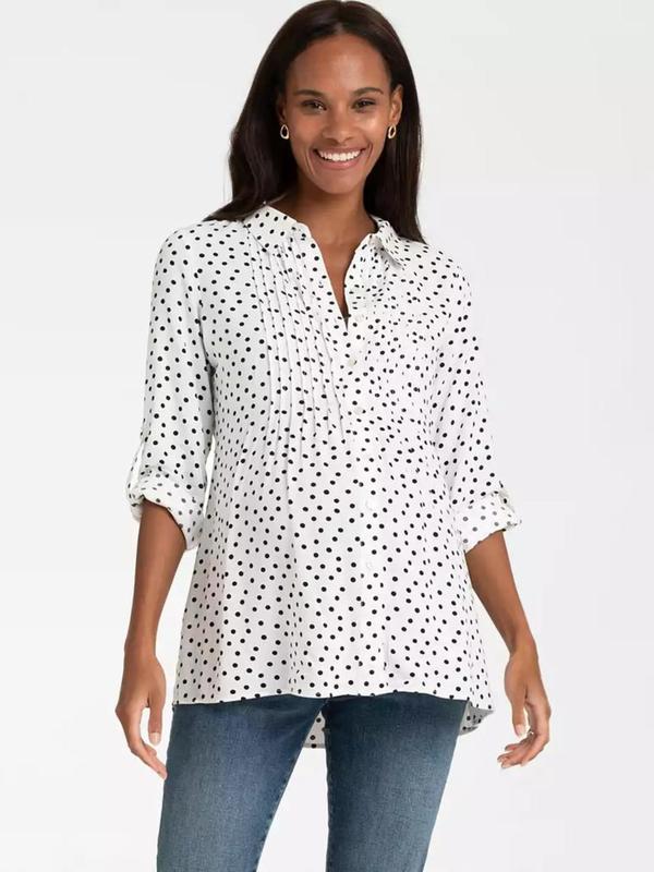 Happy Pleated Button-Up Shirt in Dot Print